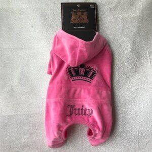 Juicy Couture terry dog tracksuit velour pink Black rhinestone Jumpsuit w/ Hood